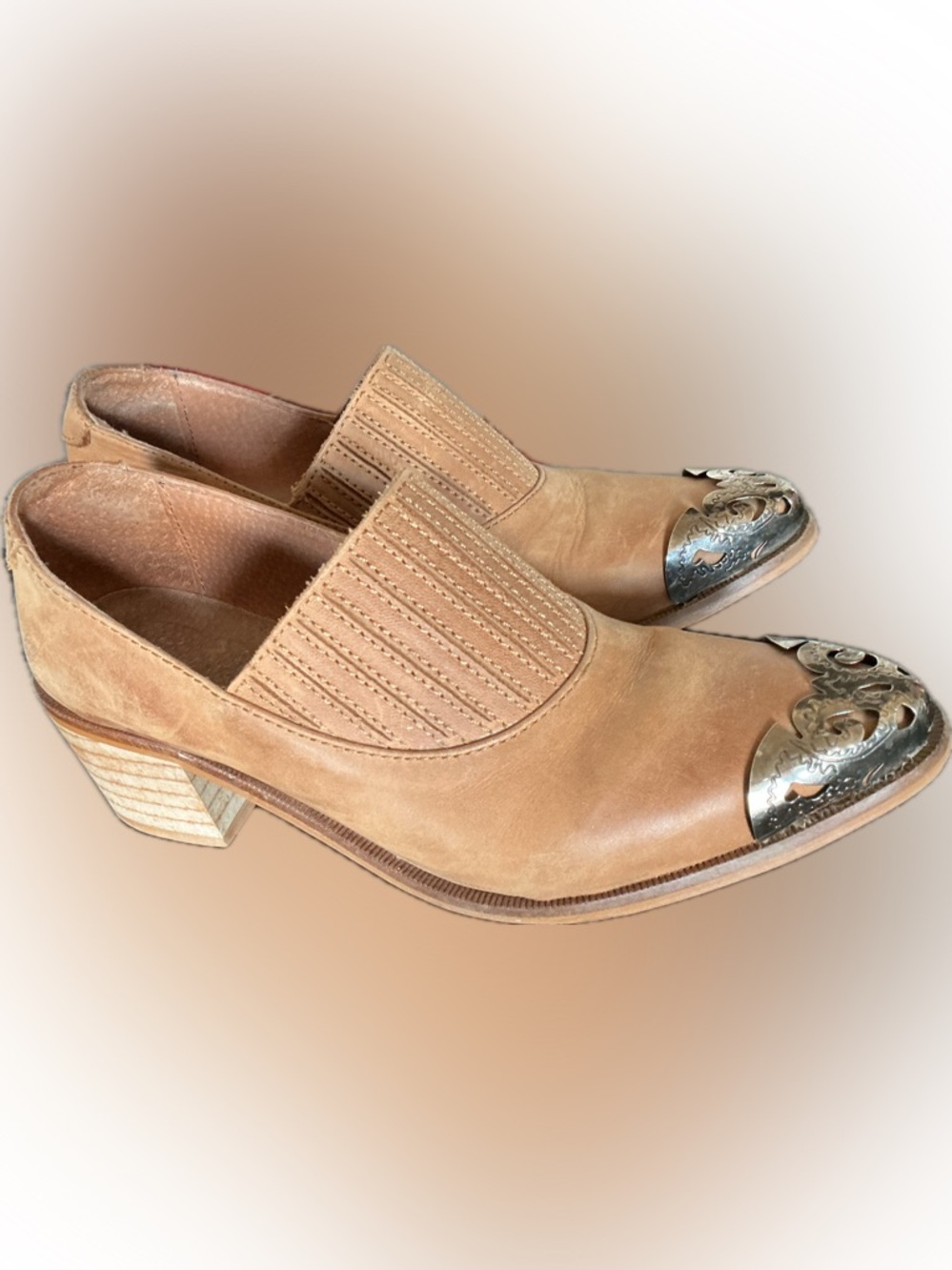 Free People Tan Leather Slip-On Heels with Silver Decorative Toe Caps